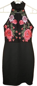 B Darlin Black Halter Neck Sheer Fitted Sheath Bodycon Cocktail Dress Sz S Roses - Picture 1 of 6