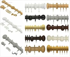 Wooden Curtain Rail Pole Hook Complete Set Wood pole Set With Rings and Fixings 