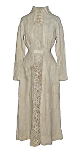 1910's Edwardian Linen Dress w Lace Trim SM - Picture 1 of 7