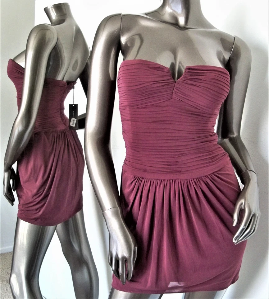 NUEVO CON ETIQUETAS-BCBG MAX AZRIA BORGOÑA PLISADO SIN TIRANTES BODYCON MINI VESTIDO TALLA-0 MSP $278 Foto 1 de 4