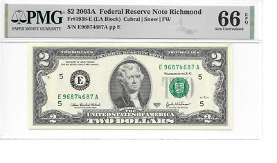 2003A Richmond $2 FRN Hard to Find Sheet EA Block PMG 66 EPQ Gem Uncirculated - Image 1 of 4