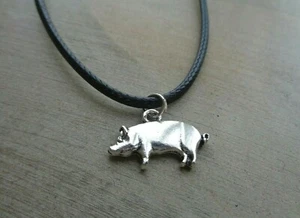'SILVER PIG' PENDANT Nickel Free Antiqued Silver Pig On Black Waxed Cord - Picture 1 of 4
