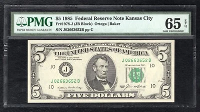 FR. 1978-J 1985 $5 FRN FEDERAL RESERVE NOTE KANSAS CITY, MO PMG GEM UNC-65EPQ - Image 1 of 2