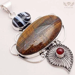Di Tigre Occhio Gemma Ciondolo Placcato Argento Handmade Gioielli Regalo 7cm - Foto 1 di 3