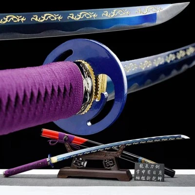 Katana lista para la batalla Japón espada samurai azul acero alto carbono madera afilada SAYA Foto 1 de 4