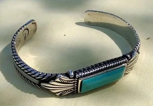Brazalete Turquesa Plata Esterlina R MOON Nativo Americano Firmado 34gm. 925 - Imagen 1 de 5