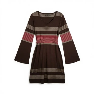 PRANA Brown Striped Sydney Bell Sleeve Belted Knit V-Neck Sweater Dress - M - Image 1 of 4