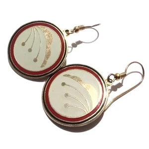 Vintage Pizazz Cloisonné Circle Drop Earrings Cream Gold Red Black - Picture 1 of 4