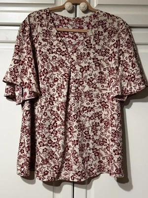 FLORAL Unbranded Flared Sleeve RED/BEIGE Chiffon Tunic V-Neck Top Blouse 3XL - Image 1 of 4
