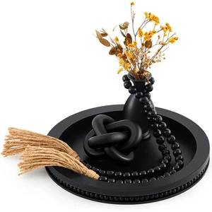 3 Pcs Coffee Table Decor Include 12in Black Wooden Serving Tray, Wood Boho Kn... - Picture 1 of 6