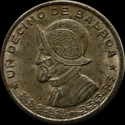 Panama Un Decimo De Balboa 10 cent silver coin 1961  - Image 1 of 4