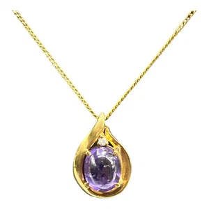 9ct 9k Yellow Gold Natural Purple Amethyst And Diamond Pear Shaped Pendant. New - Picture 1 of 9