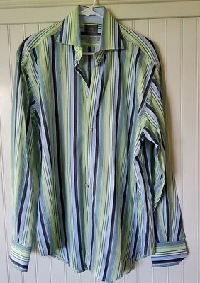 Thomas Dean Blue White Green Striped Button Up Dress Shirt Men's Size Large - Image 1 of 4
