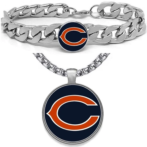 Large Chicago Bears Mens Gift Set Stainless 24" Necklace Bracelet D4D30 Cover