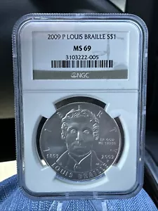 2009-P Louis Braille Commemorative Silver Dollar NGC Graded MS69! - Picture 1 of 2