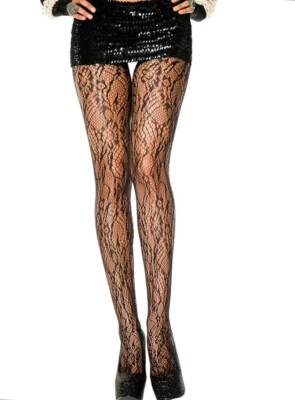 Meia-calça lingerie preta elastano tamanho regular floral design de renda música pernas 5067 - Imagem 1 de 2