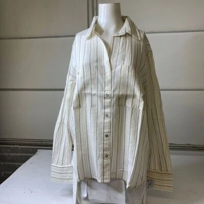 MANGO Pocket Striped Shirt Women's Size 6 Ivory - Image 1 of 4