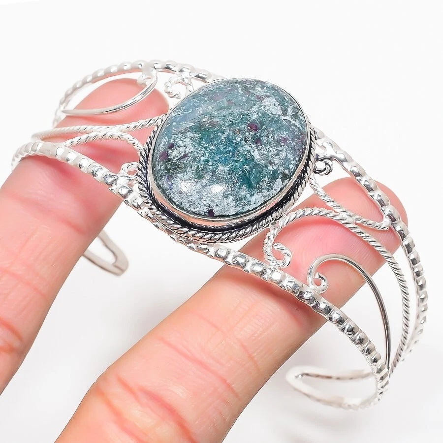 Natural Ruby Fuchsite Gemstone 925 Sterling Silver Jewelry Adjustable Bracelet - Image 1 of 1