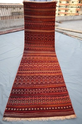 3x10 Vintage Rich Afghan Kilim Runner Rug in Maroon Orange & Beige Tribal Stripe - Image 1 of 4