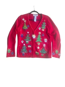 Cárdigan Tiara International Para Mujer M Bordado Árbol de Navidad Cremallera Rojo - Imagen 1 de 13