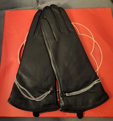 YISEVEN Guantes de Cuero Negro Mujer Talla 7.0 con Detalle de Cadena Plateada Foto 1 de 4