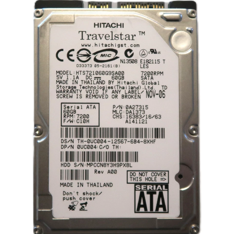 Hitachi HTS721060G9SA00 0A27315 DA1373 (MPCC) 2.5" 60Ggb Sata Thailand NOV-06 - Image 1 of 1
