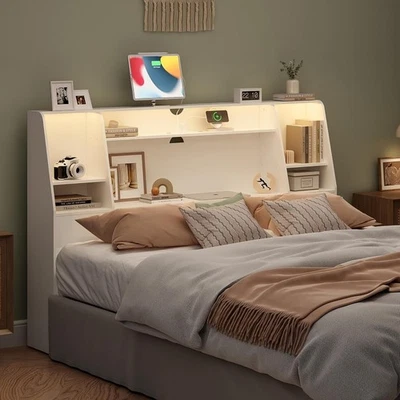Headboard Queen with Storage Upholstered Wood Bookcase Headboard 2 LED Lights - Image 1 of 4