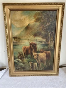 Antikes F Robson vergoldetes gerahmtes Öl auf Karton Gemälde von Hochlandrindern 59x44cm - Bild 1 von 7