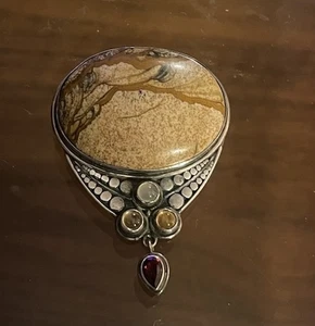 Sterling Silber Sajen? Bild Jaspis Citrin Granat Brosche Anhänger 2,25" 28,8g - Bild 1 von 6