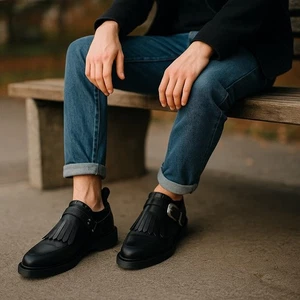 Dr Martens Western Buckle Fringe Monk Strap Shoes | Black Leather Unisex 8 / 9 - Picture 1 of 12
