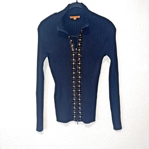 Belldini schwarzer Rippstrickpullover mit Reißverschluss L verzierter Besatz Metallic-Detail - Bild 1 von 11