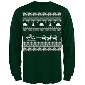 Santa Sleigh Ugly Christmas Sweater Green Adult Mens Long Sleeve T-Shirt