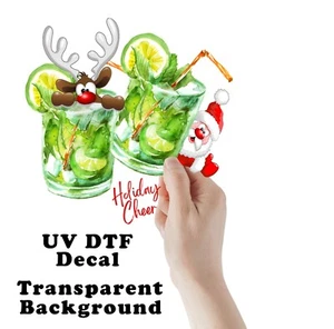 Holiday Cheer Santa and Reindeer Drinking UV DTF Transparent Sticker / Decal - Picture 1 of 7