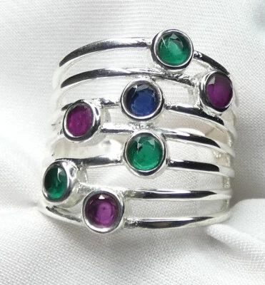 💎 Extravaganter Ring 925 Silber Gr. 17,8 (56) fac. Rubin, Smaragd & Saphir💎 - Bild 1 von 4