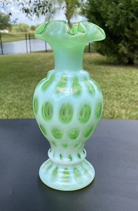 Vintage Fenton Opalescent Green Coin Dot Vase Double Crimp - 8-3/4" Tall - Picture 1 of 8