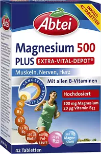 Abtei Magnesium 500 plus - Mit 500 Mg Magnesium und Vitamin B-Komplex, 42 Stück - Bild 1 von 10