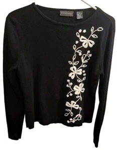 Relativity Sweater Womens Medium Black With White Flowers Embroidery Cotton - Picture 1 of 4