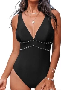Cupshe Women’s One Piece Bathing Suit Deep V Neck Adjustable Straps O Ring Stud - Picture 1 of 11