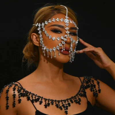 Women Face Mask Rhinestone Multicolor Droplet Masquerade Show Head Chain - Image 1 of 4