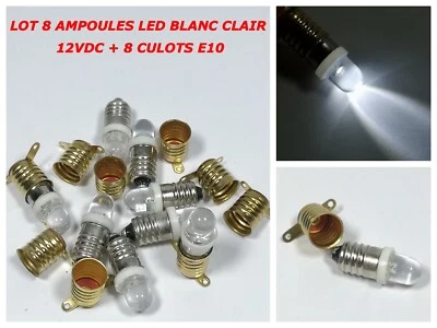 LOT NEUF 8 AMPOULES LED ∅ 8mm 12VDC BLANC CLAIR + 8 CULOTS E10 MODELISME DIVERS - Immagine 1 di 4