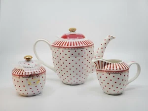 Grace's Teaware Josephine rot gepunktet & Streifen Teekanne Zuckerdose Milchkännchen - Bild 1 von 9