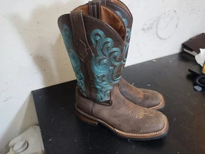 Botas vaqueras Ferrini para mujer punta cuadrada azul occidental cosidas cuero talla 8,5B - Imagen 1 de 9