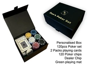 Personalised 120 pcs poker set gift gold print black birthday christmas box game - Picture 1 of 3