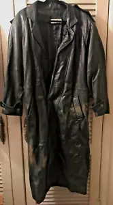 Vintage Full Length Philippe Monet Long Black Leather Jacket Lined Men's Size 40 - Picture 1 of 11