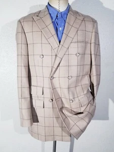 42L Paul Fredrick Brown Check double Breasted Tweed Blazer Sport Coat Jacket - Picture 1 of 6