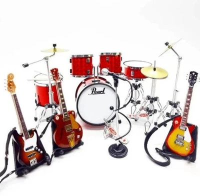 1/12 Scale Miniature Drum Set Pearl Style Red + 3 Guitars & Mic Gift Display Set - Image 1 of 4