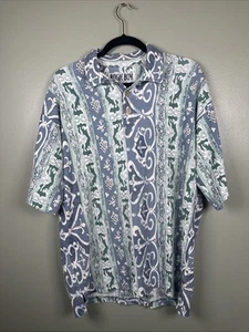 Vintage 90s Bugle Boy Polo Abstract Print Geometric Pattern Size Large Blue Camp - Picture 1 of 8