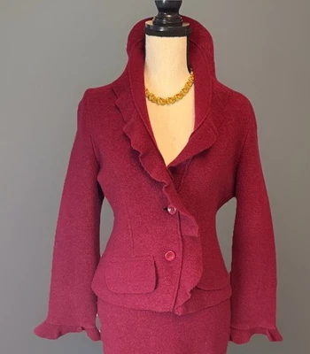 Bloomingdales Cranberry Wool Suit Sz 4 Petite Blazer Coat Pencil Skirt Set - Image 1 of 4