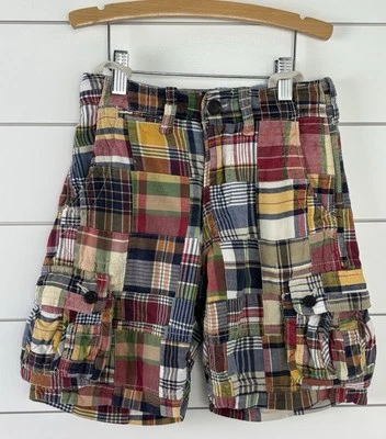Boys BABY GAP Sz 6 Cargo Shorts Madras Plaid Patchwork adj waist Preppy - Image 1 of 4