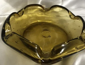 Vintage Mid-Century Modern Amber Art Glass Controlled Bubble Ashtray 7” Murano - Picture 1 of 5